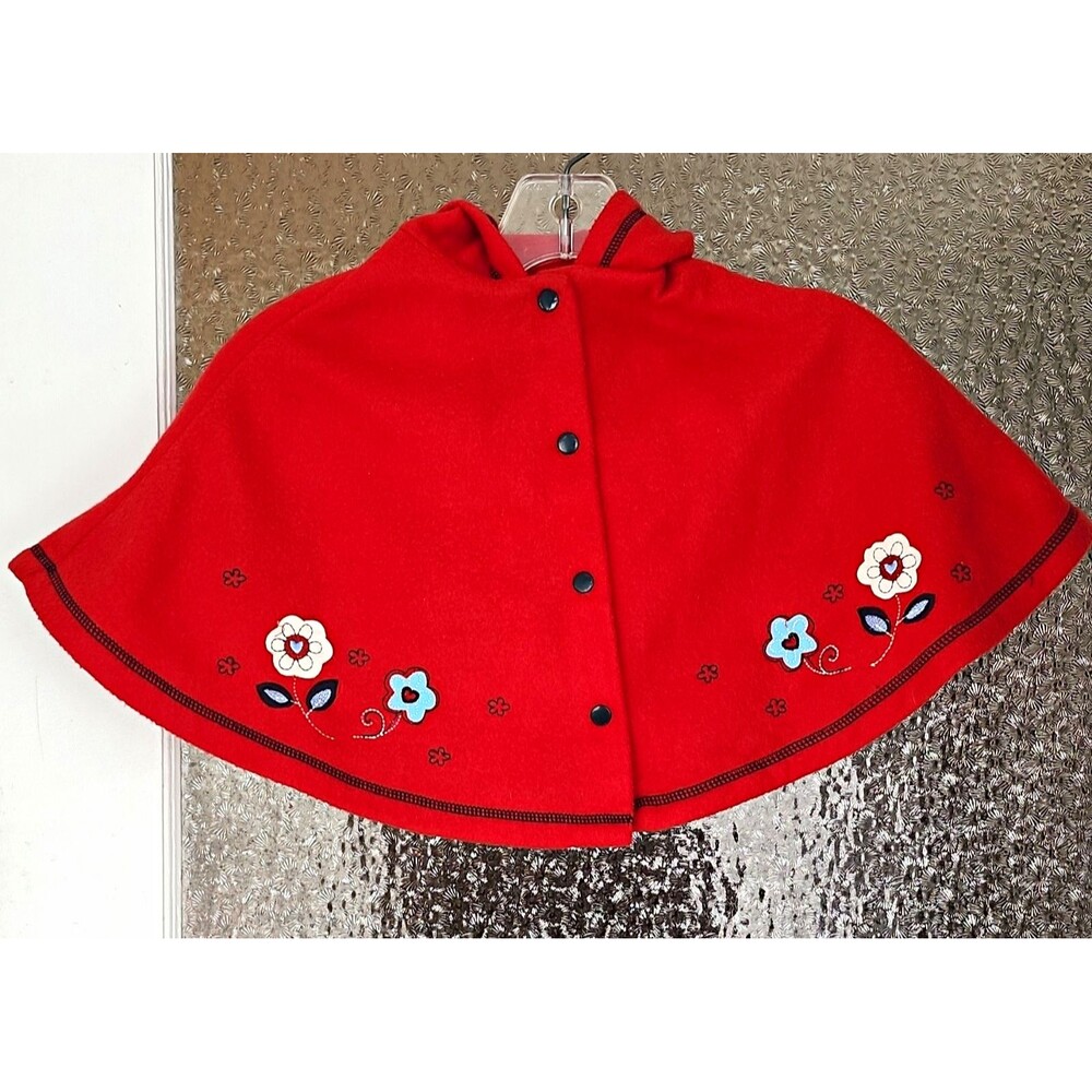 Little Lindsey Girls Red Fleece Hooded Cape Cloak Floral Embroidered 18-24M EUC